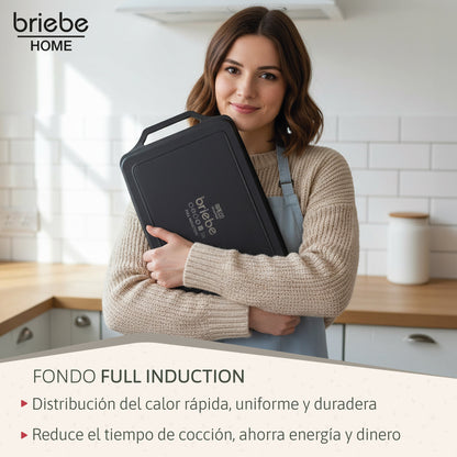 Briebe Plancha Cocina Inducción Asar, Antiadherente Titanio 5 Capas, Aluminio Fundido 43x25cm Sin Pfoa, Black Titanium_5