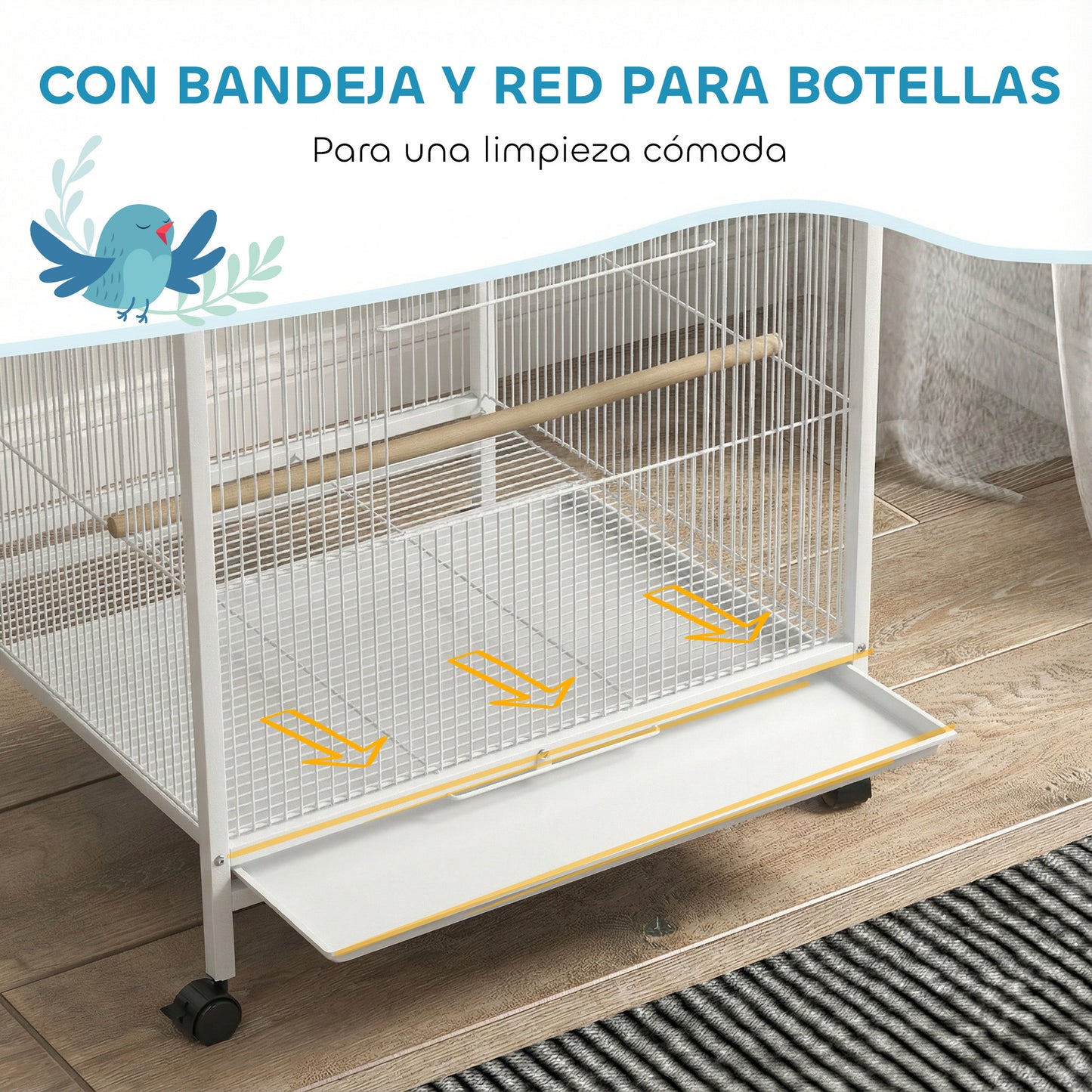 Pawhut Jaula Para Pájaros Con Ruedas Comederos Perchas 48x46x78 Cm Blanco_5