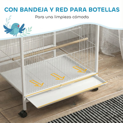 Pawhut Jaula Para Pájaros Con Ruedas Comederos Perchas 48x46x78 Cm Blanco_5