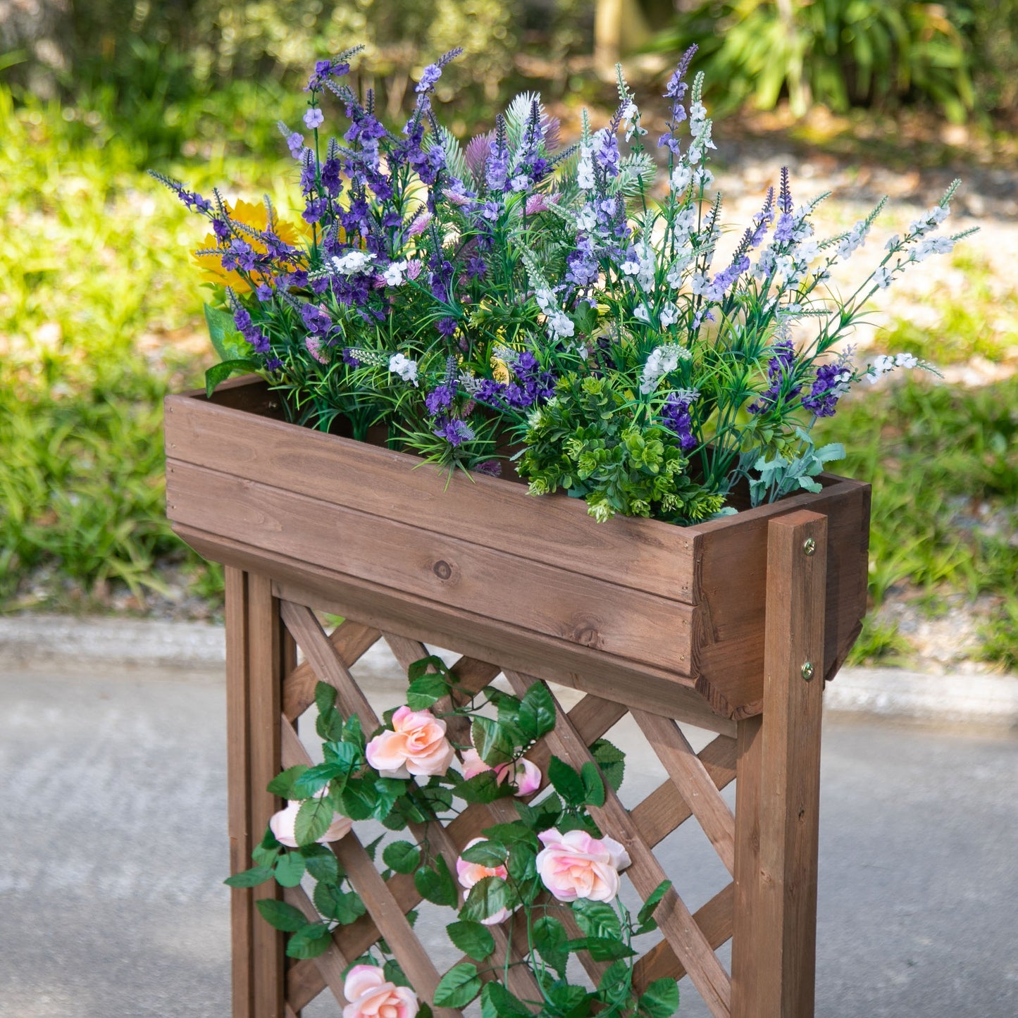 Outsunny Jardinera Con Enrejado De Madera Maciza Plantas Flores Trepaderas_4