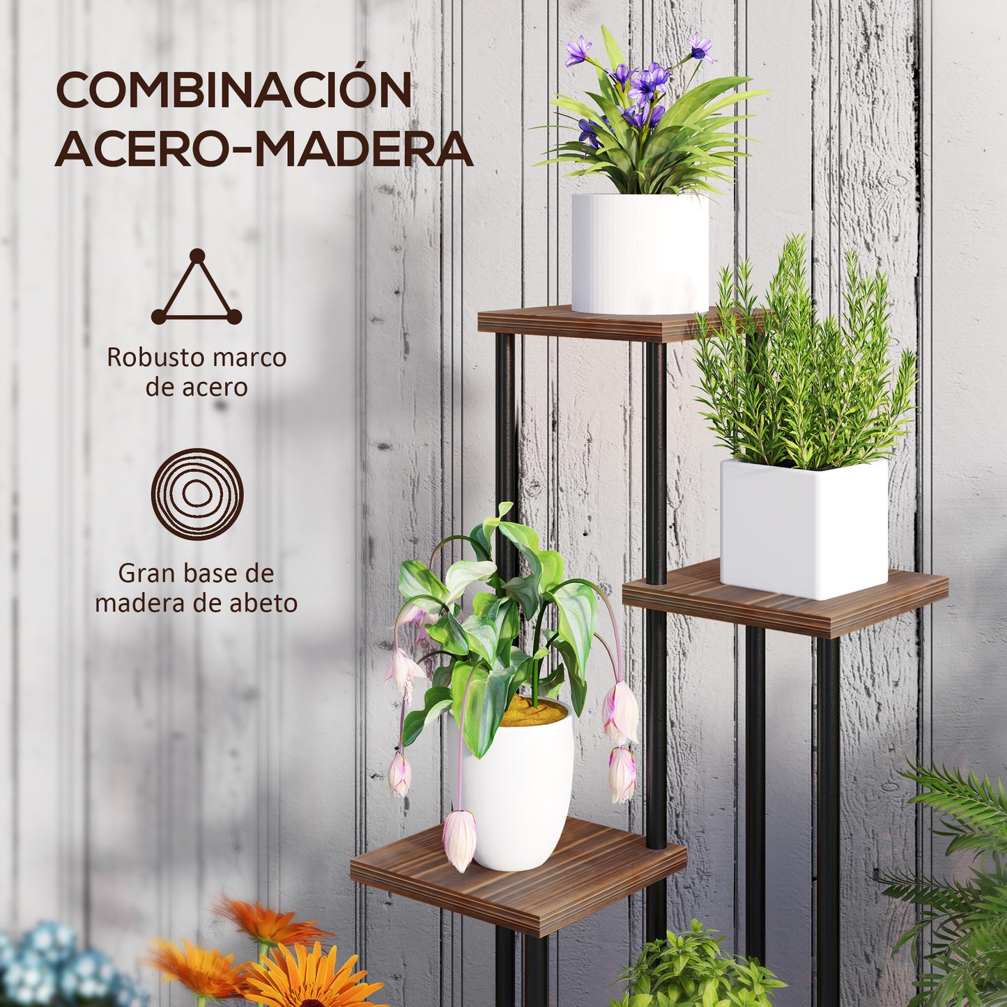 Outsunny Estantería Para Plantas De 5 Niveles De Madera 59x59x110 Cm Carbonizado_5