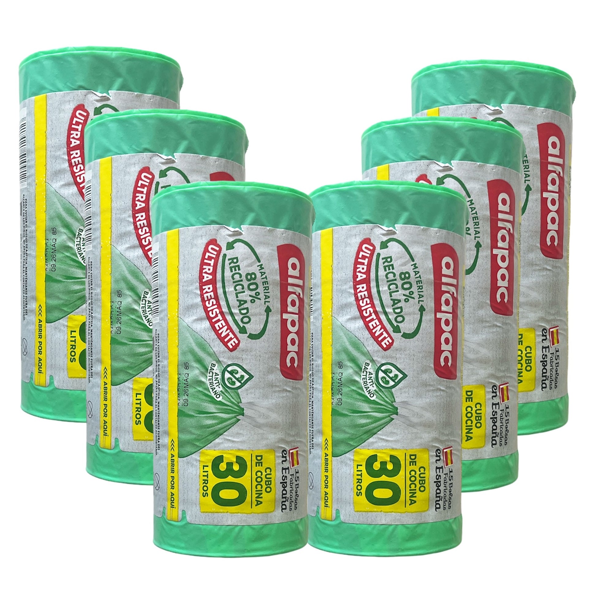 80% Reciclado 6 Rollos De 15 Bolsas De Basura 'antibacterias' 30l Con Autocierre_0