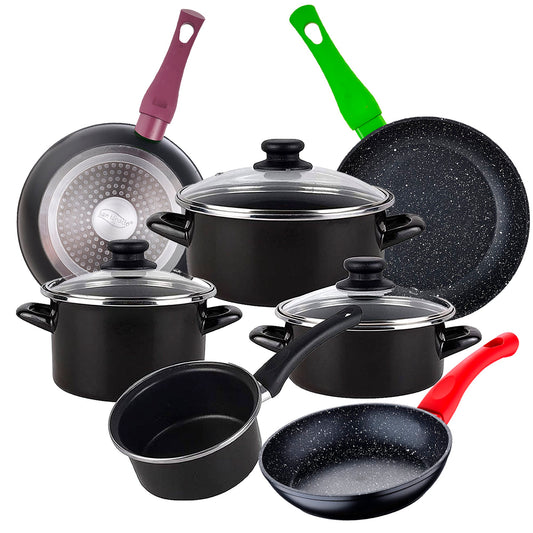 Bateria De Cocina 7 Piezas Magefesa Kenia De Acero Vitrificado Con Juego De Sartenes (18/22/26 Cm) San Ignacio Jolie De Aluminio Forjado_0