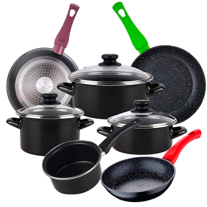 Bateria De Cocina 7 Piezas Magefesa Kenia De Acero Vitrificado Con Juego De Sartenes (18/22/26 Cm) San Ignacio Jolie De Aluminio Forjado_0