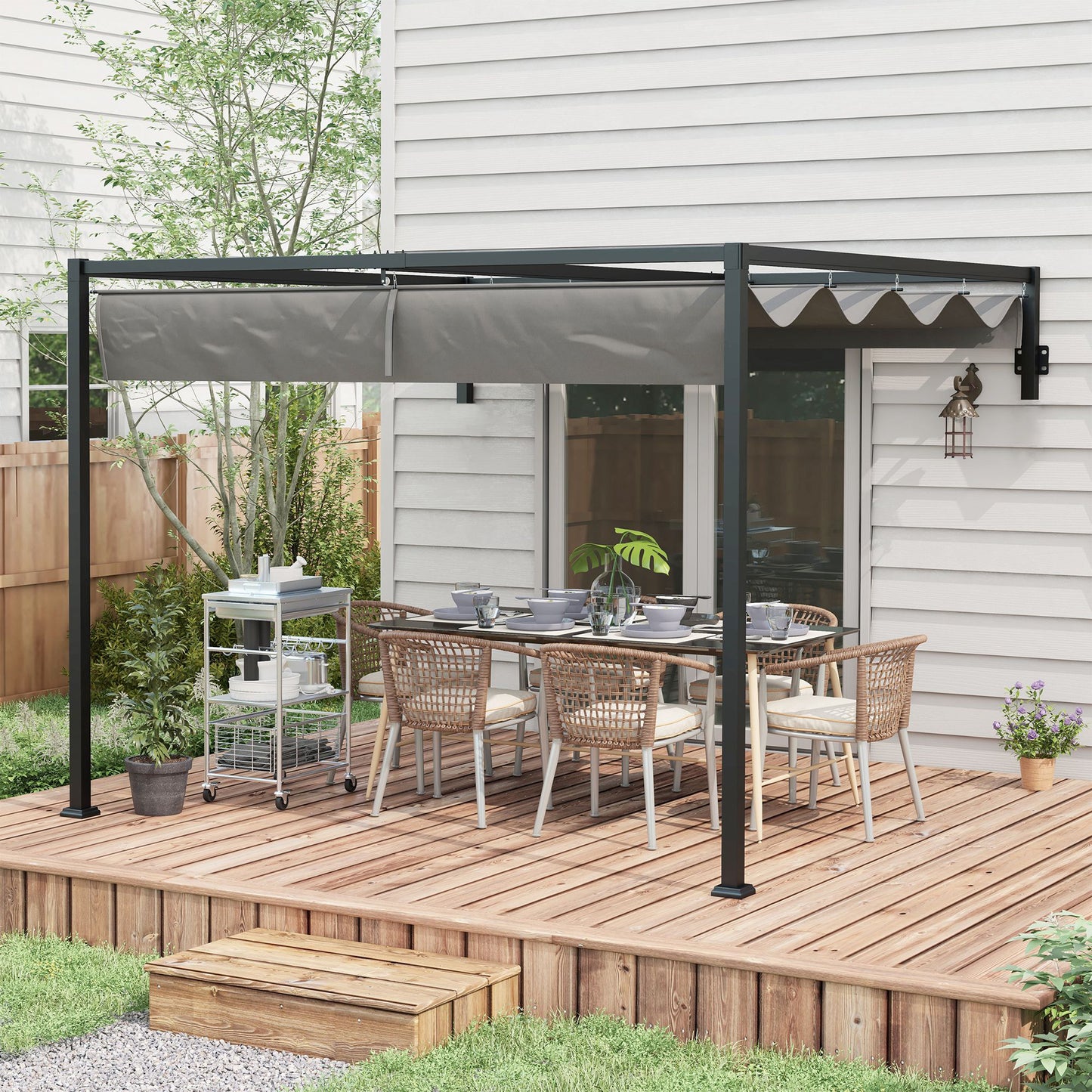Outsunny Pérgola De Pared 297x211x220 Cm Con Techo Retráctil Para Patio Gris_1