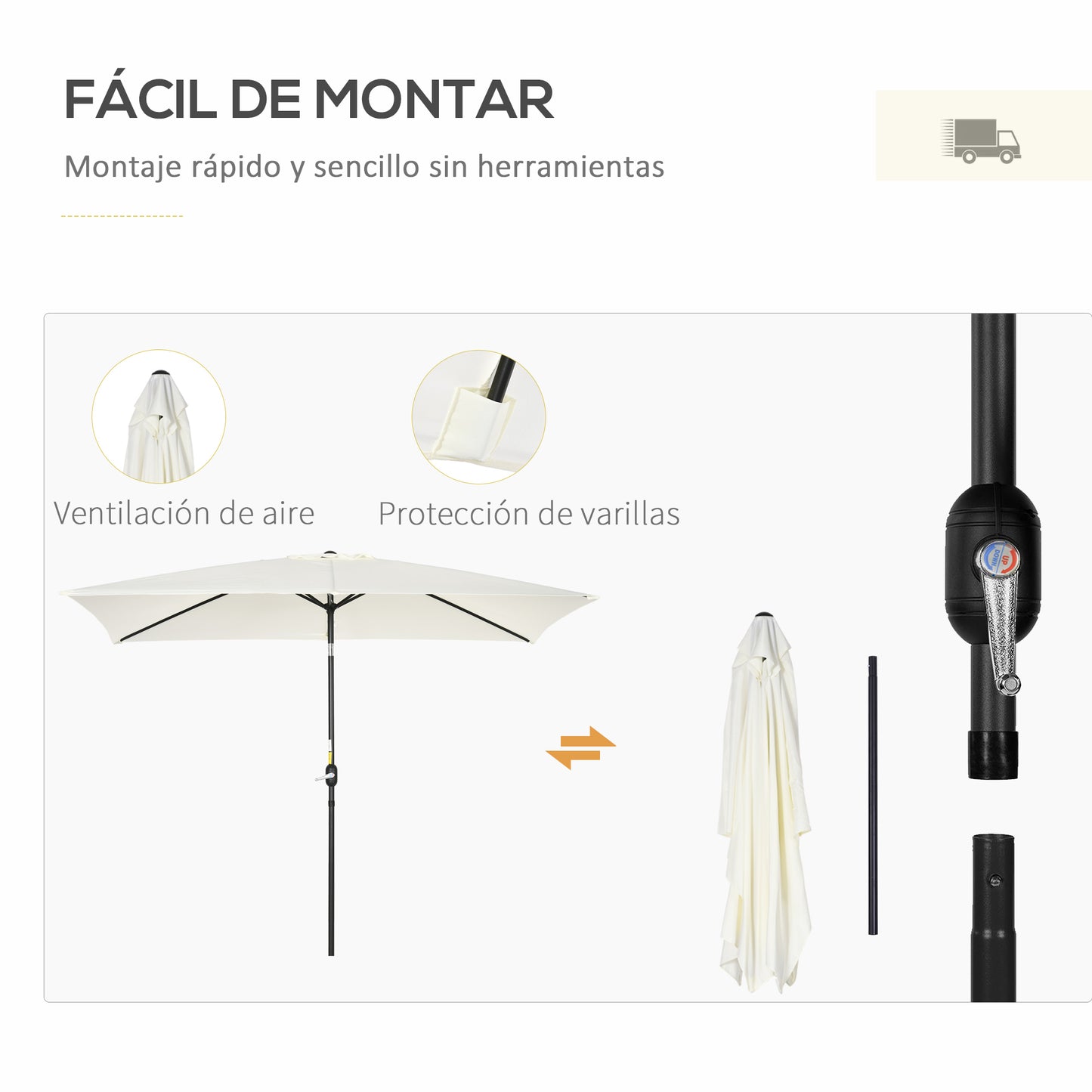 Outsunny Sombrilla Jardín Aluminio 200x300x253 Cm Inclinable Con Manivela Crema_5