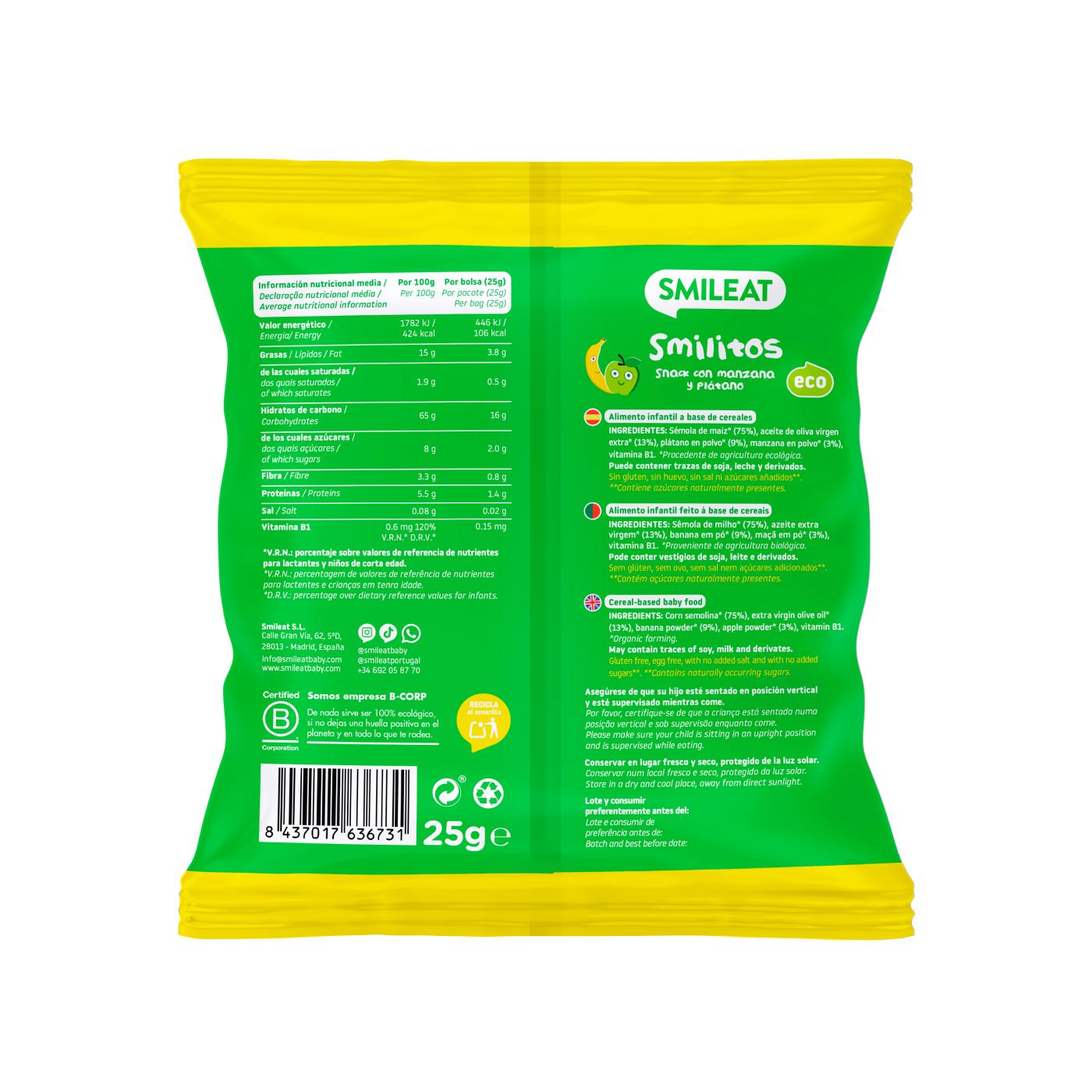 Pack 3x Smilitos, gusanitos de manzana y plátano 25g snack Smileat