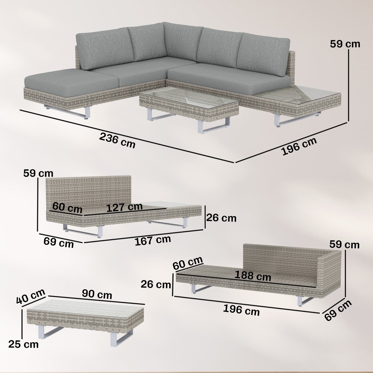 Outsunny Conjunto Muebles Jardín Exterior De Ratán De 3 Piezas Cojines Gris_2