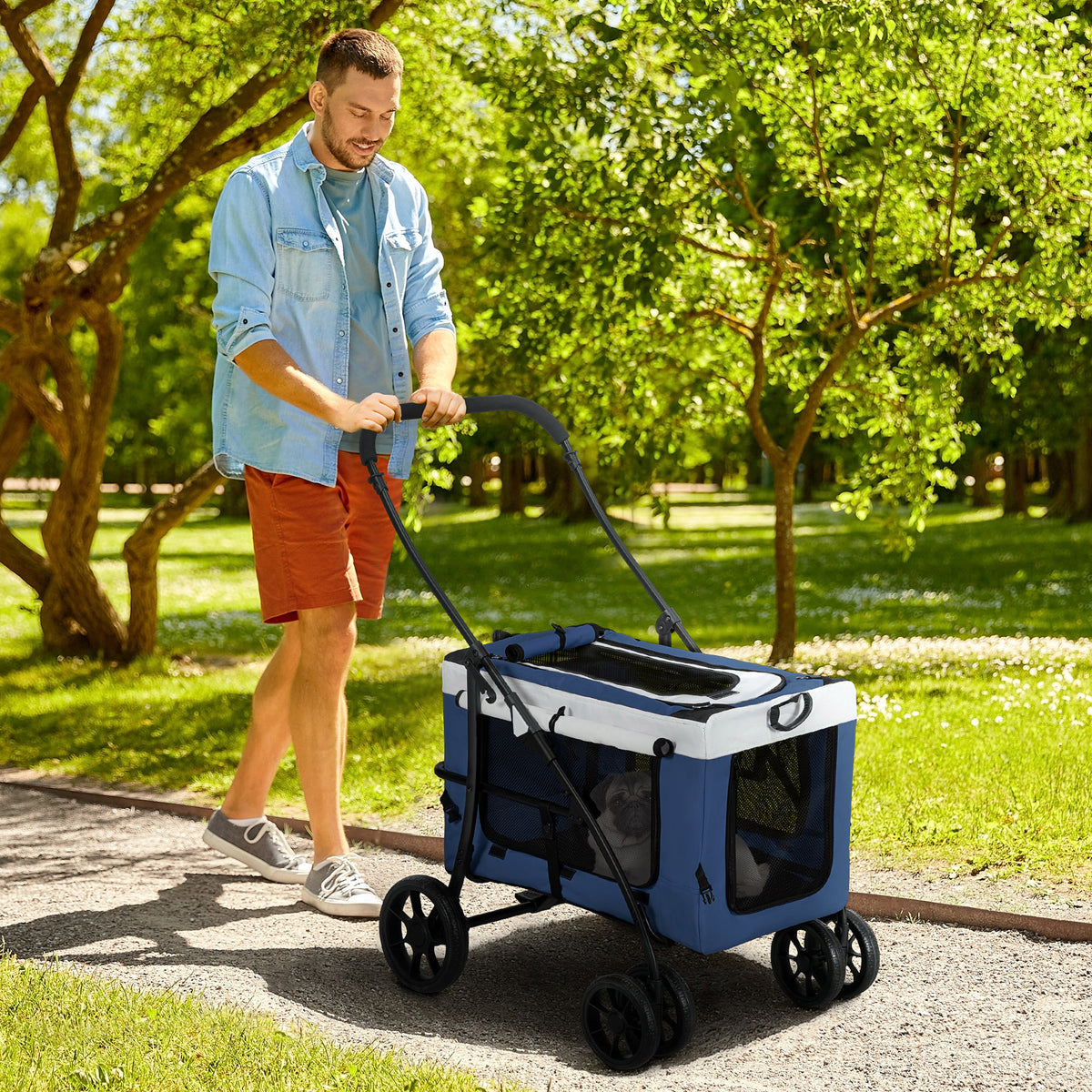 Pawhut Carrito Para Perros Plegable Con Vagón Desmontable Y Cojín Azul_1