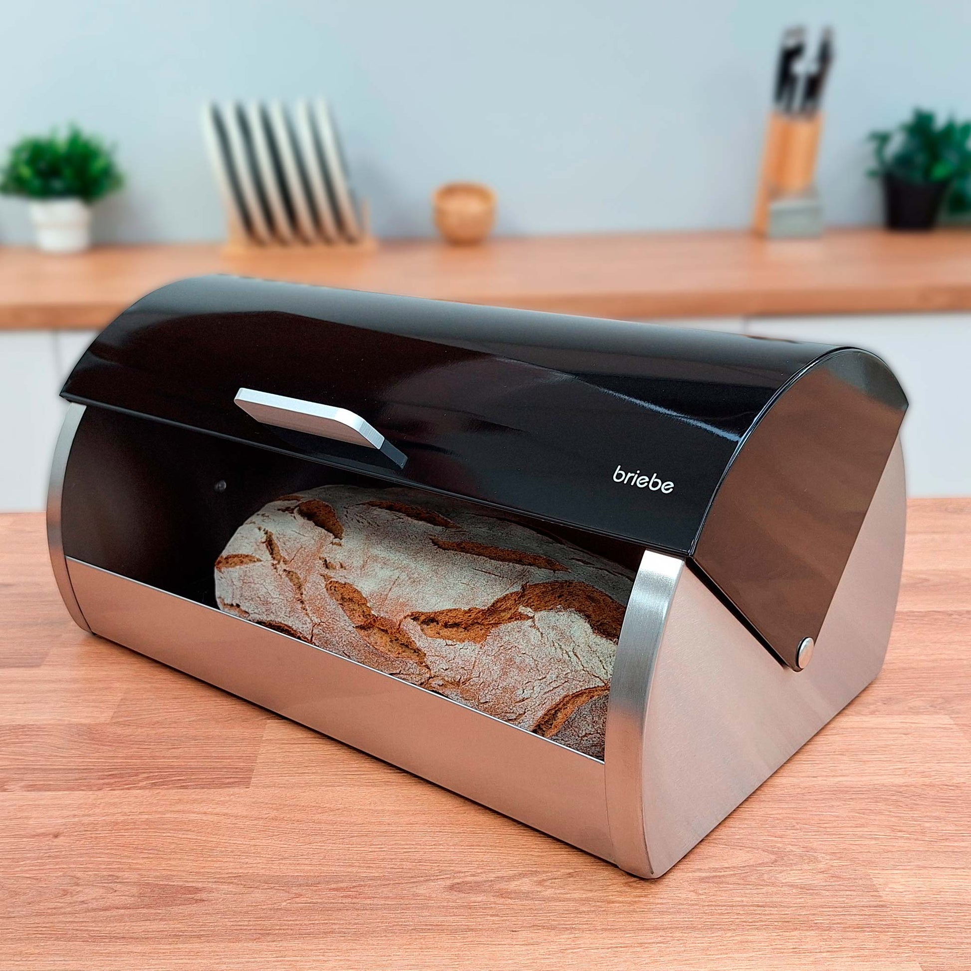 Panera De Mesa +juego 3 Botes Cocina Almacenaje Acero Inoxidable Contenedor De Pan Con Tapa, Briebe, Bb1161, Negro/inox