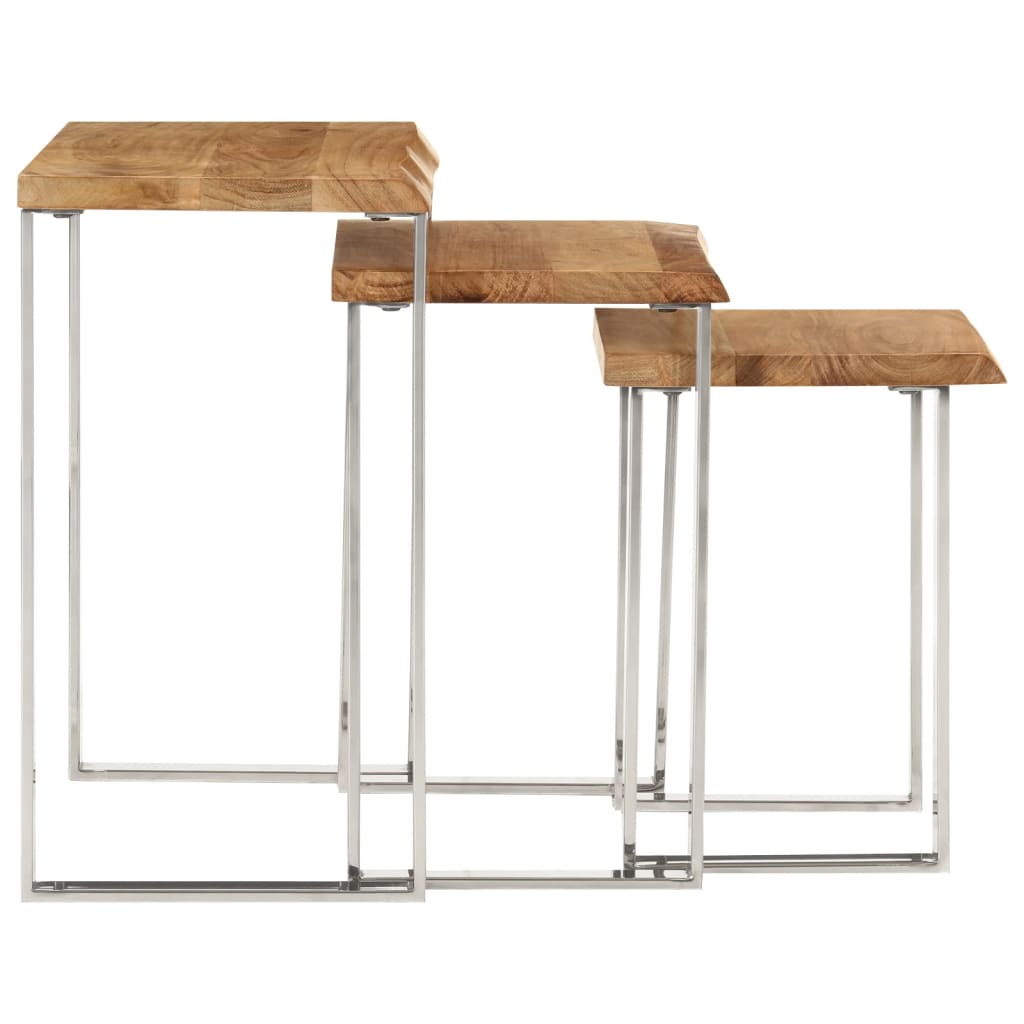Set De 3 Mesas Apilables Con Borde Natural Madera Maciza Acacia_2