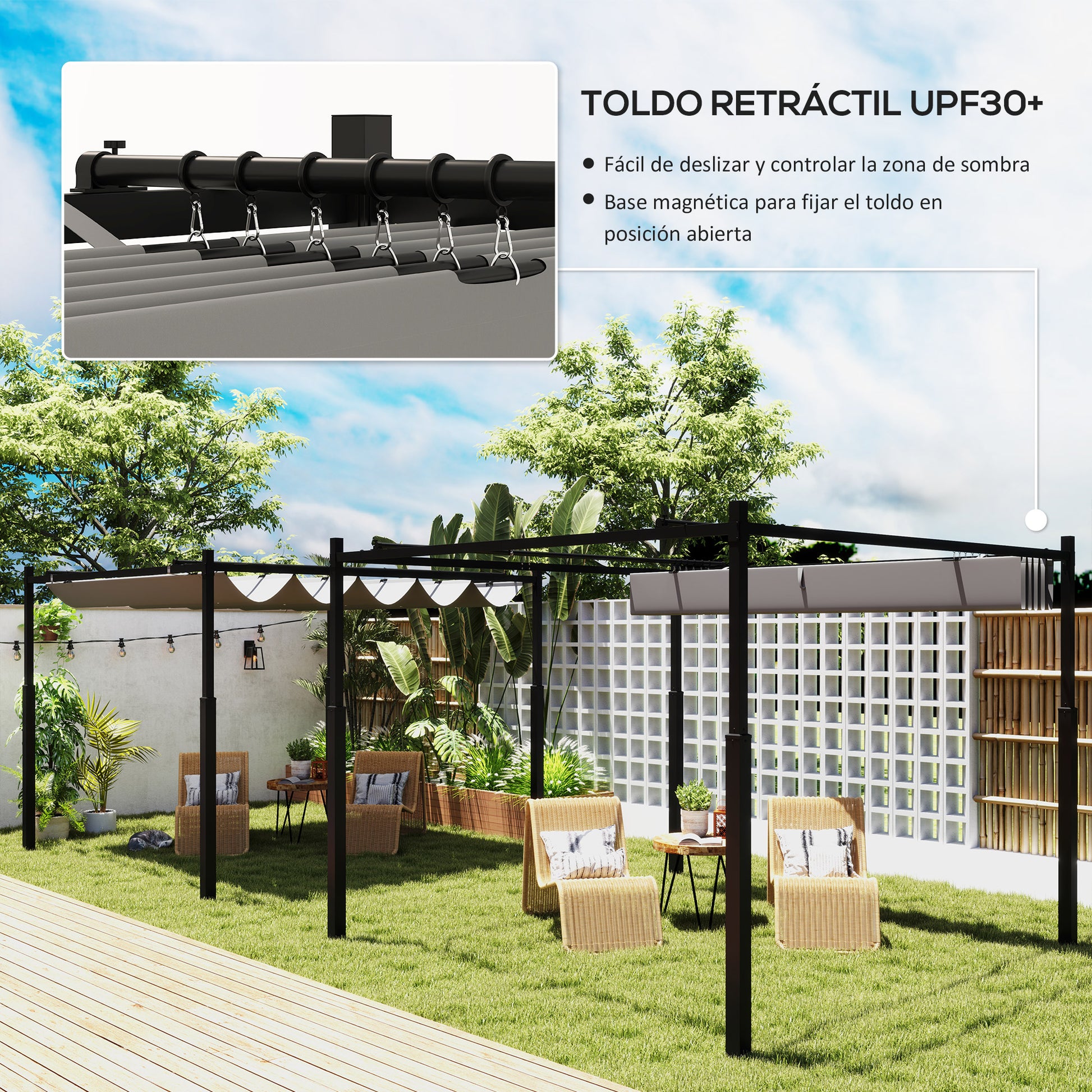 Outsunny Pérgola De Jardín 3x3 M Con Techo Retráctil Y Accesorio Magnético_3