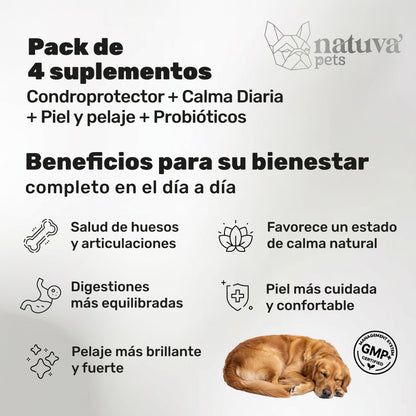 Pack Calma + Condro + Probiotico + Salmon Para Perros. Suplementos Mascotas. 480 Masticables. Natuva Pets_1