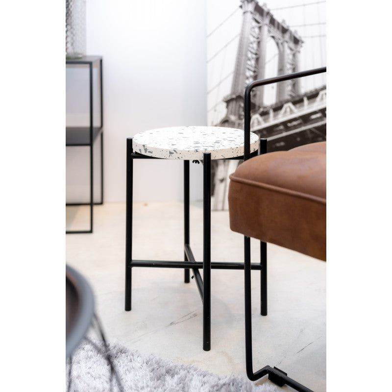 Mesa Auxiliar Redonda De Metal Negro Industrial, Tapa De Terrazo 33x40cm- Muebles De Salón- Mesa Auxiliar_1