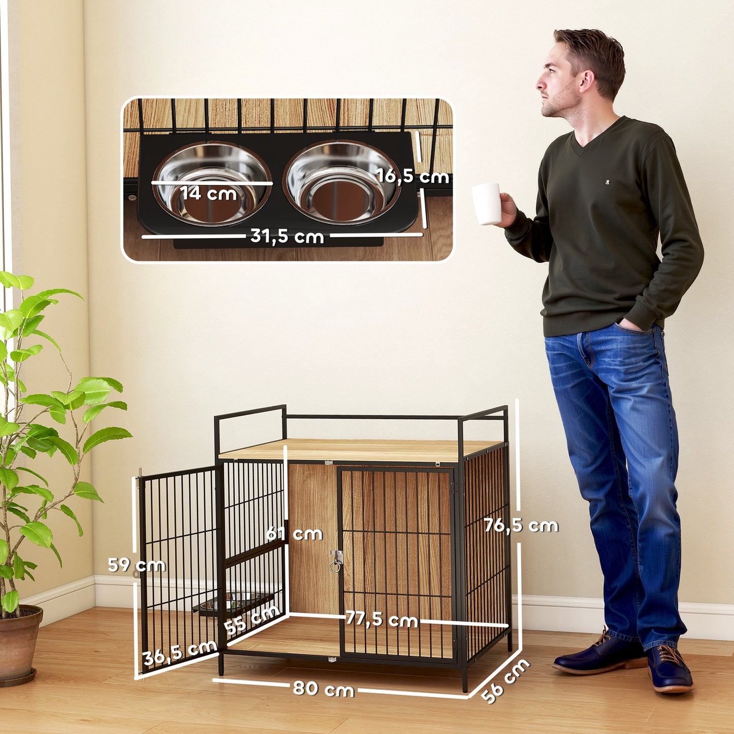 Pawhut Jaula Para Perros Mesa Auxiliar Con Soporte Giratorio Con 2 Tazones Roble_2