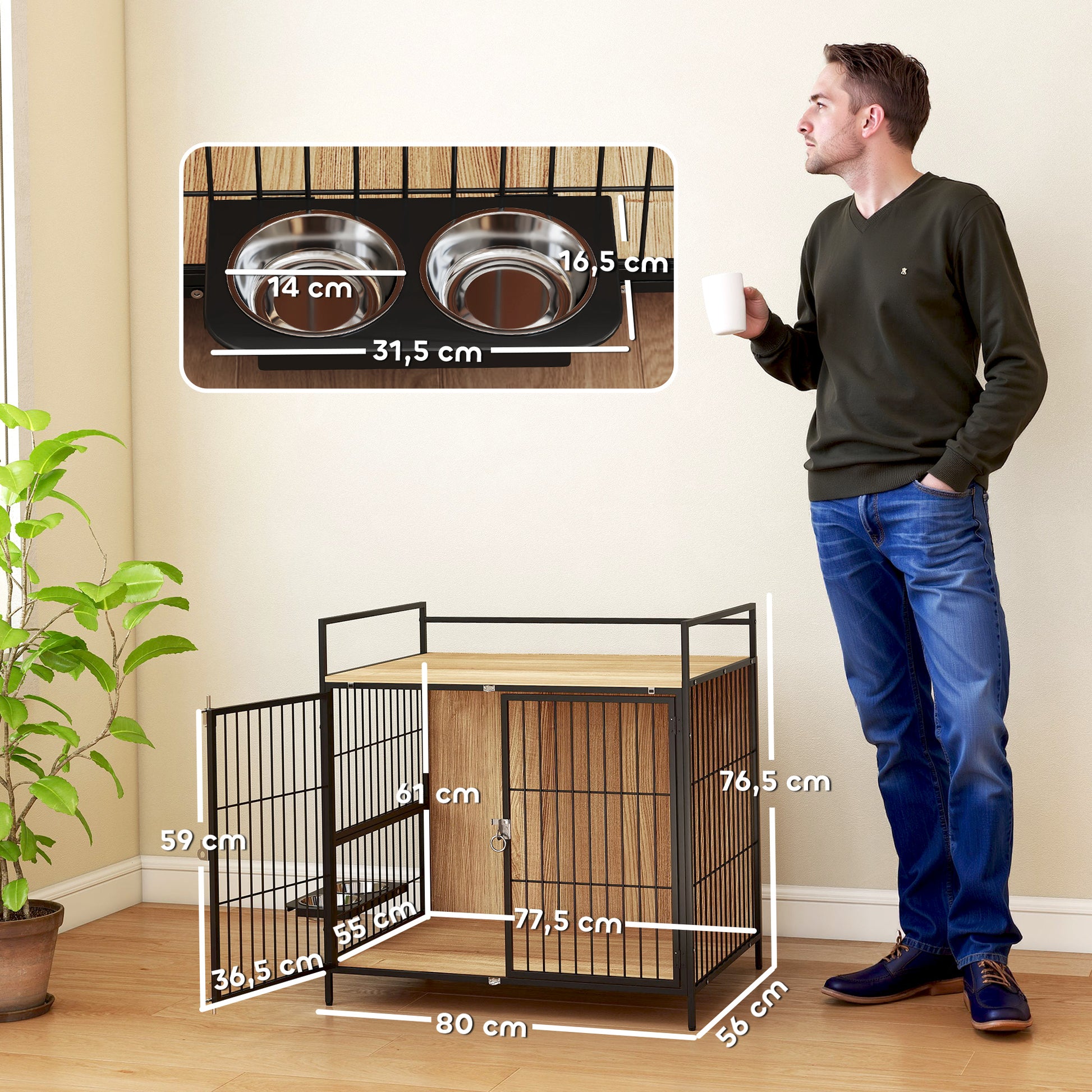 Pawhut Jaula Para Perros Mesa Auxiliar Con Soporte Giratorio Con 2 Tazones Roble_2