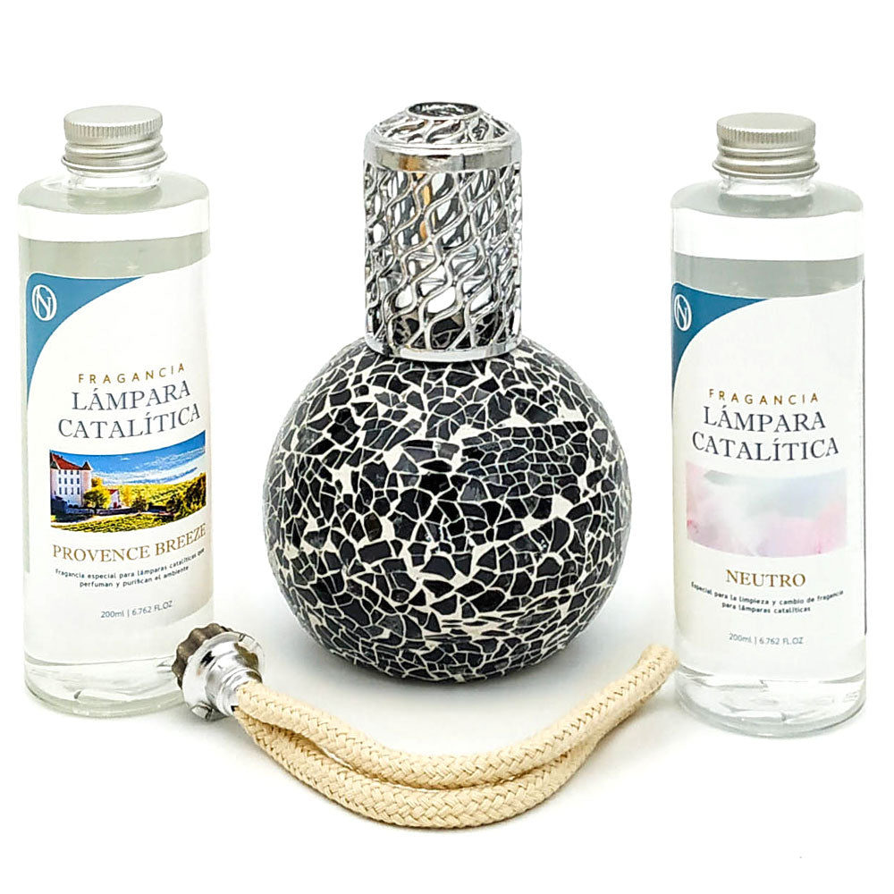 Pack Lámpara Catalítica Mosaico Negro + Fragancia Provence Breeze 200ml + Limpiador Neutro 200ml + Mecha De Repuesto_0