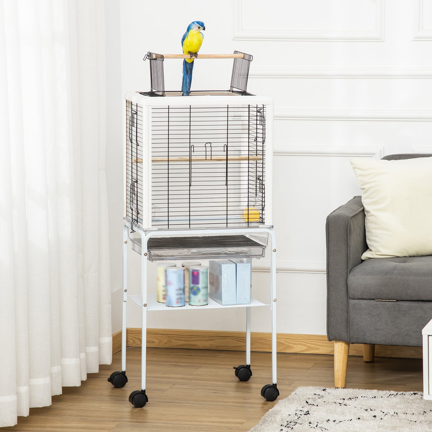 Pawhut Jaula Pájaros Con Soporte Desmontable Y 4 Ruedas 47x35x106,5 Cm Blanco_1