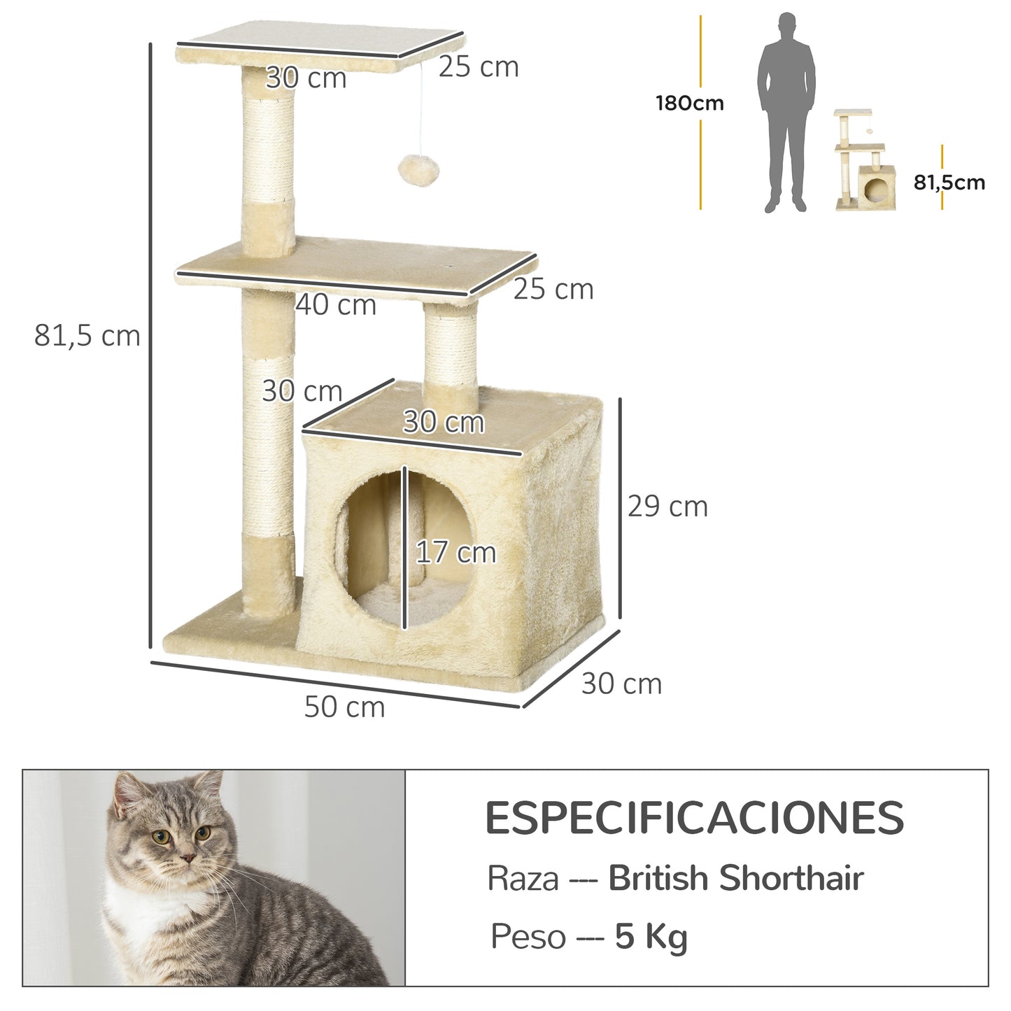 Pawhut Árbol Rascador Para Gatos 50x30x81,5 Cm Con Postes Plataformas Caja Bola_2