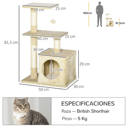 Pawhut Árbol Rascador Para Gatos 50x30x81,5 Cm Con Postes Plataformas Caja Bola_2