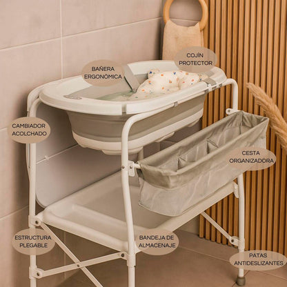 Bathby | Bañera Bebé 5 En 1 Plegable Con Soporte, Cojín Antideslizante, Cambiador (gris Pro)