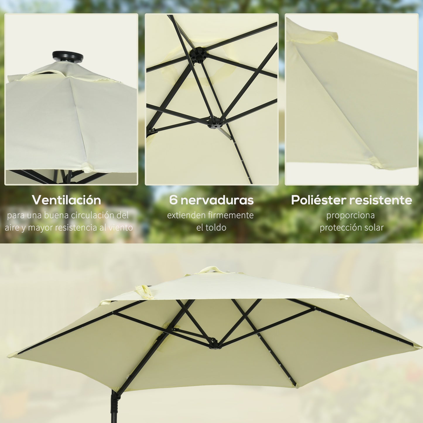 Outsunny Sombrilla De Jardín Ø256x248 Cm Con Luces Led Solares Beige_4