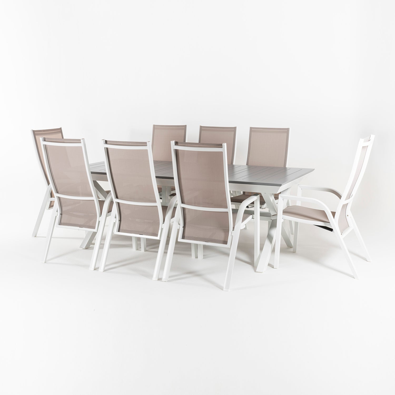 Conjunto De Jardín Mesa Extensible 215-295 Y 8 Sillones Apilables Y Reclinables Con Sistema Hidráulico Blanco_2