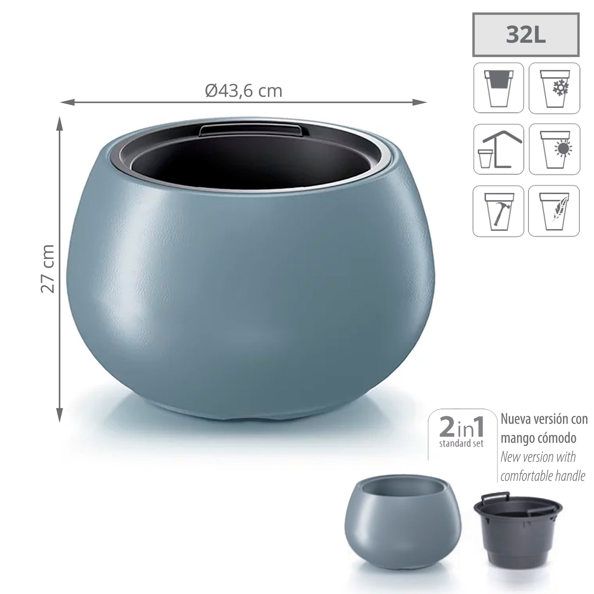 Maceta Heos 32l., Con Depósito, Dimensiones (mm) 436x436x270, Color Gris Claro_1