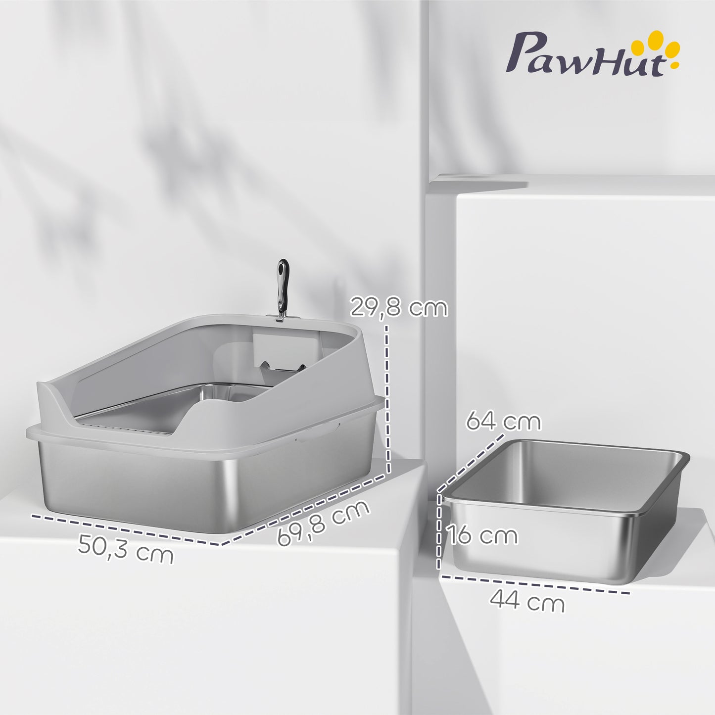 Pawhut Arenero Para Gatos De Acero Inoxidable Xxl Con Borde Alto 70x50x30cm Gris_2