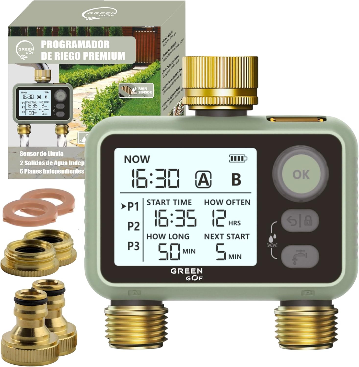 GREEN GOF Programador De Riego. Conectores De Latón, 2 Salidas De Agua, Sensor De Lluvia, 6 Prog. Independientes._0