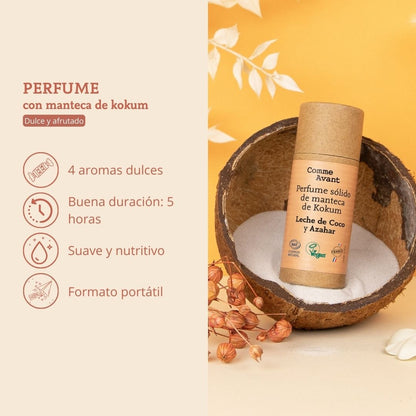 Perfume sólido dulce y afrutado con manteca de kokum Leche de coco y Azahar Comme Avant 20 ml