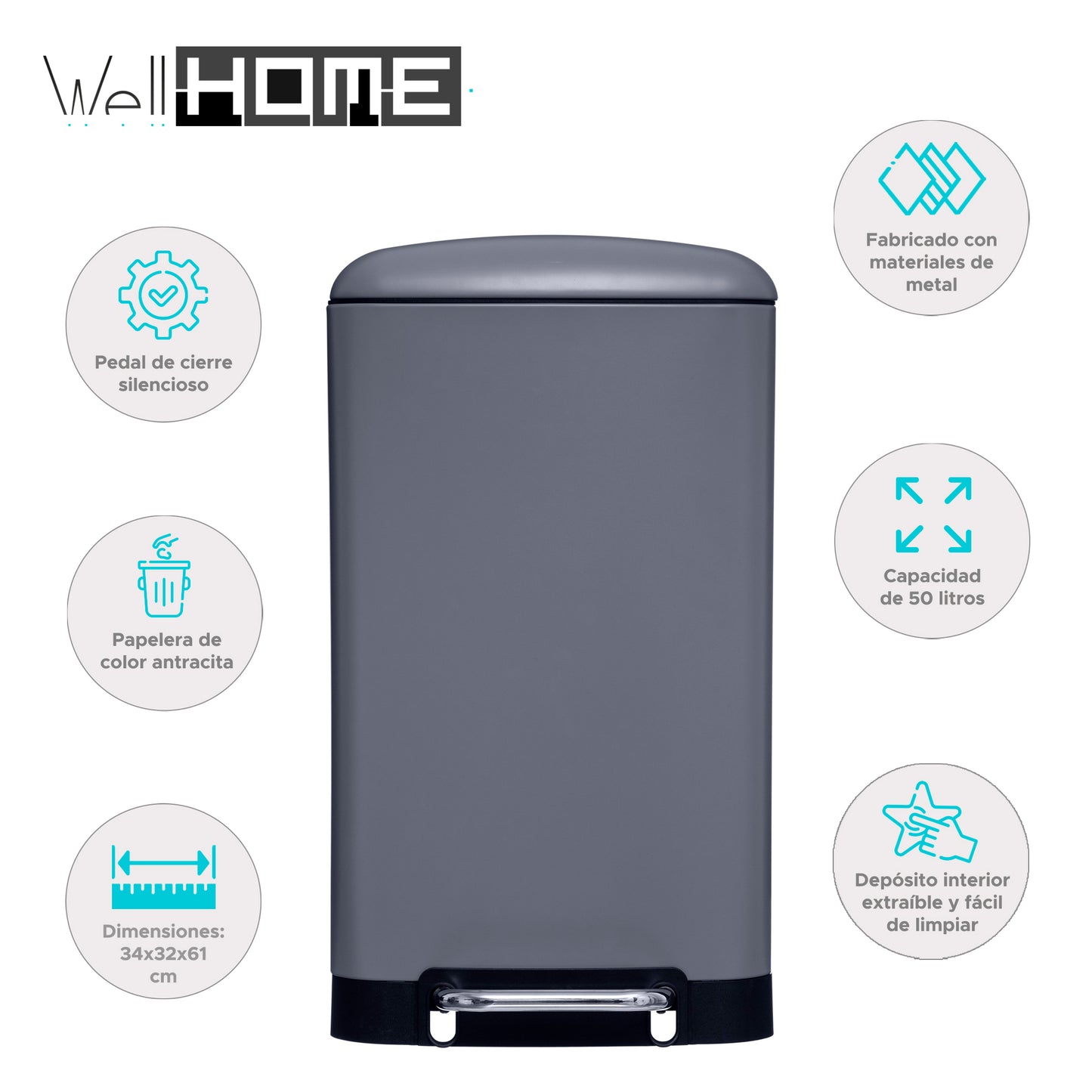Wellhome Papelera Con Pedal Antracita 30l
