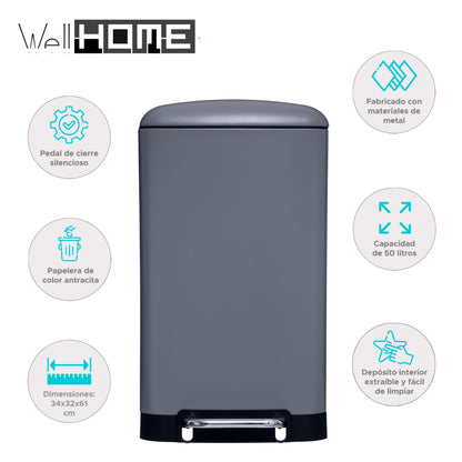 Wellhome Papelera Con Pedal Antracita 30l