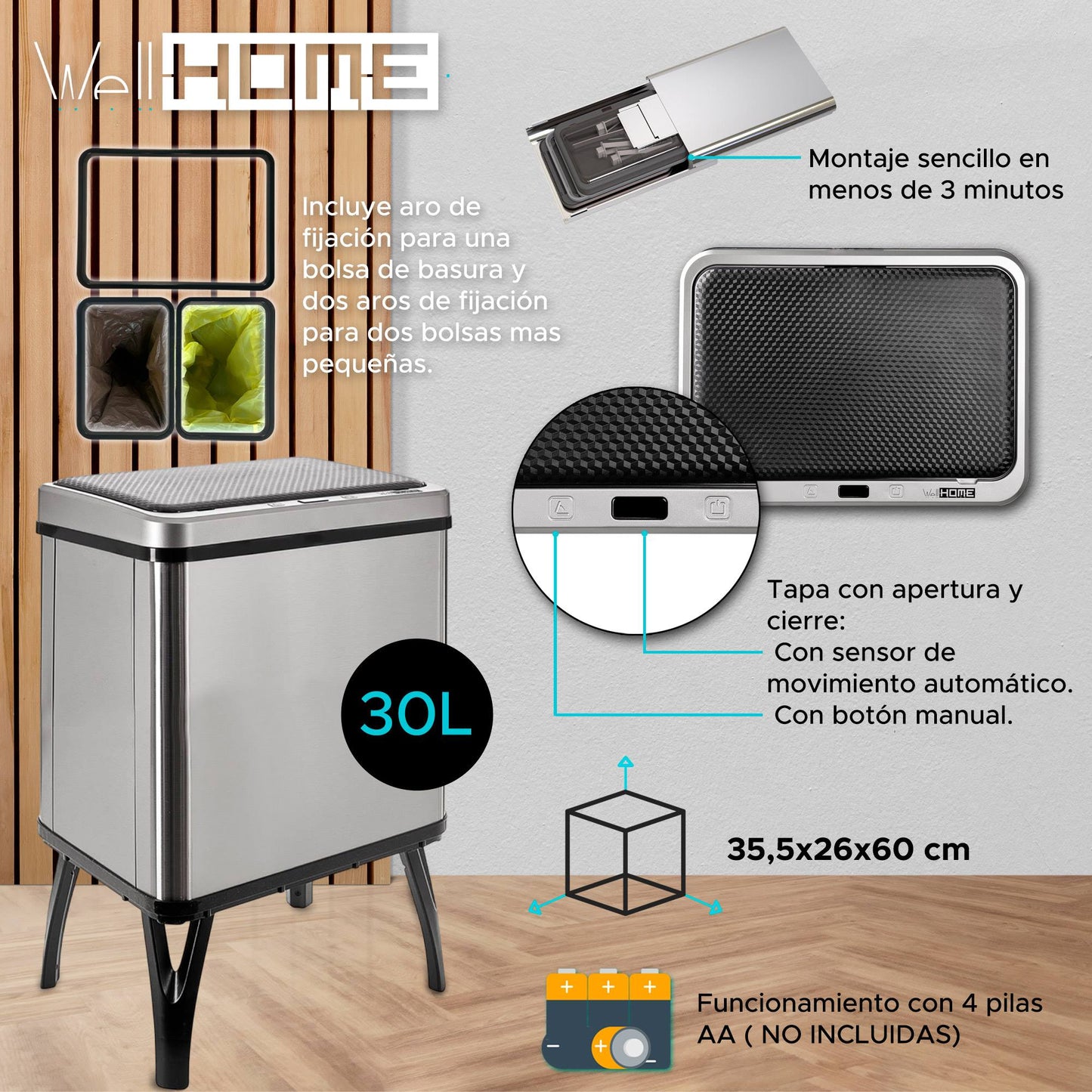 Cubo Inteligente Reciclaje 15l+15l Apertura Auto Gris_1