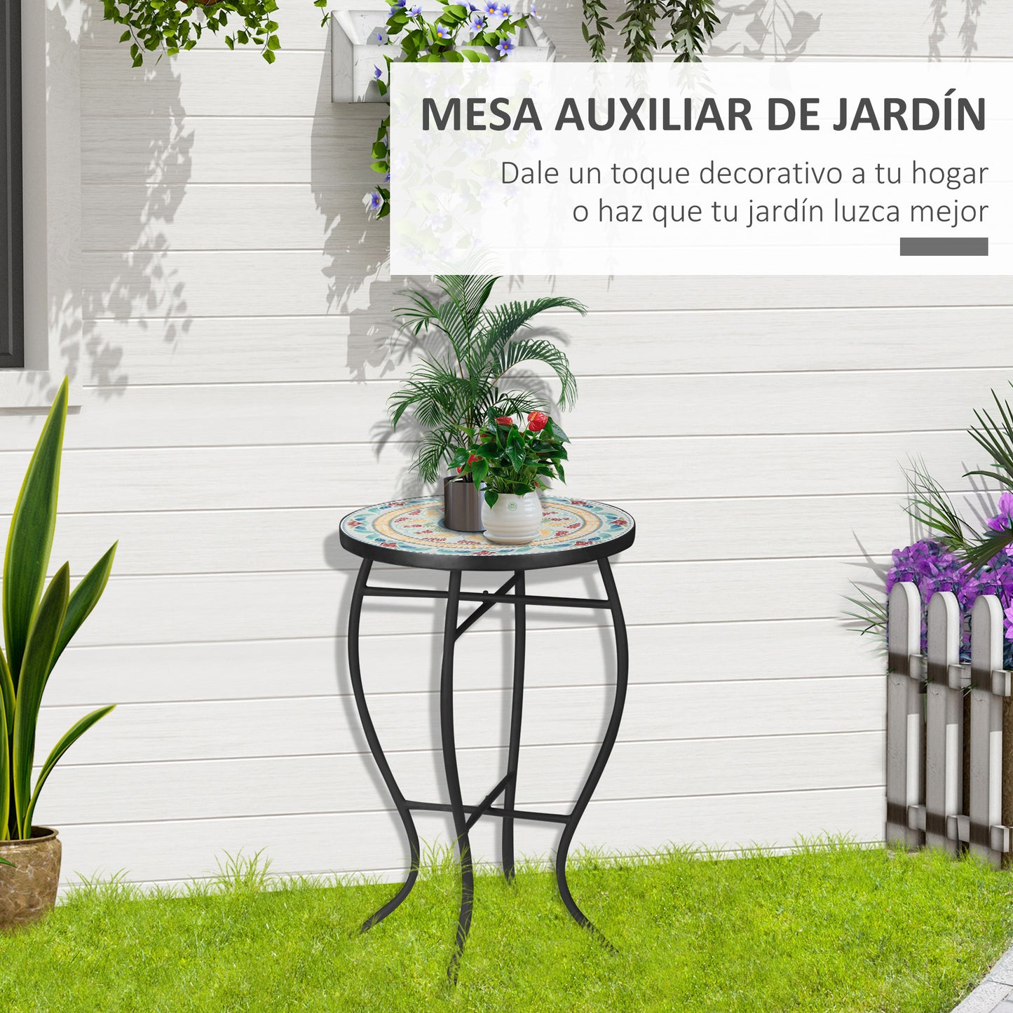 Outsunny Mesa De Jardín Redonda Mesa Auxiliar De Mosaico Con Patas De Metal Para Patio Terraza Exterior Balcón Ø35_3