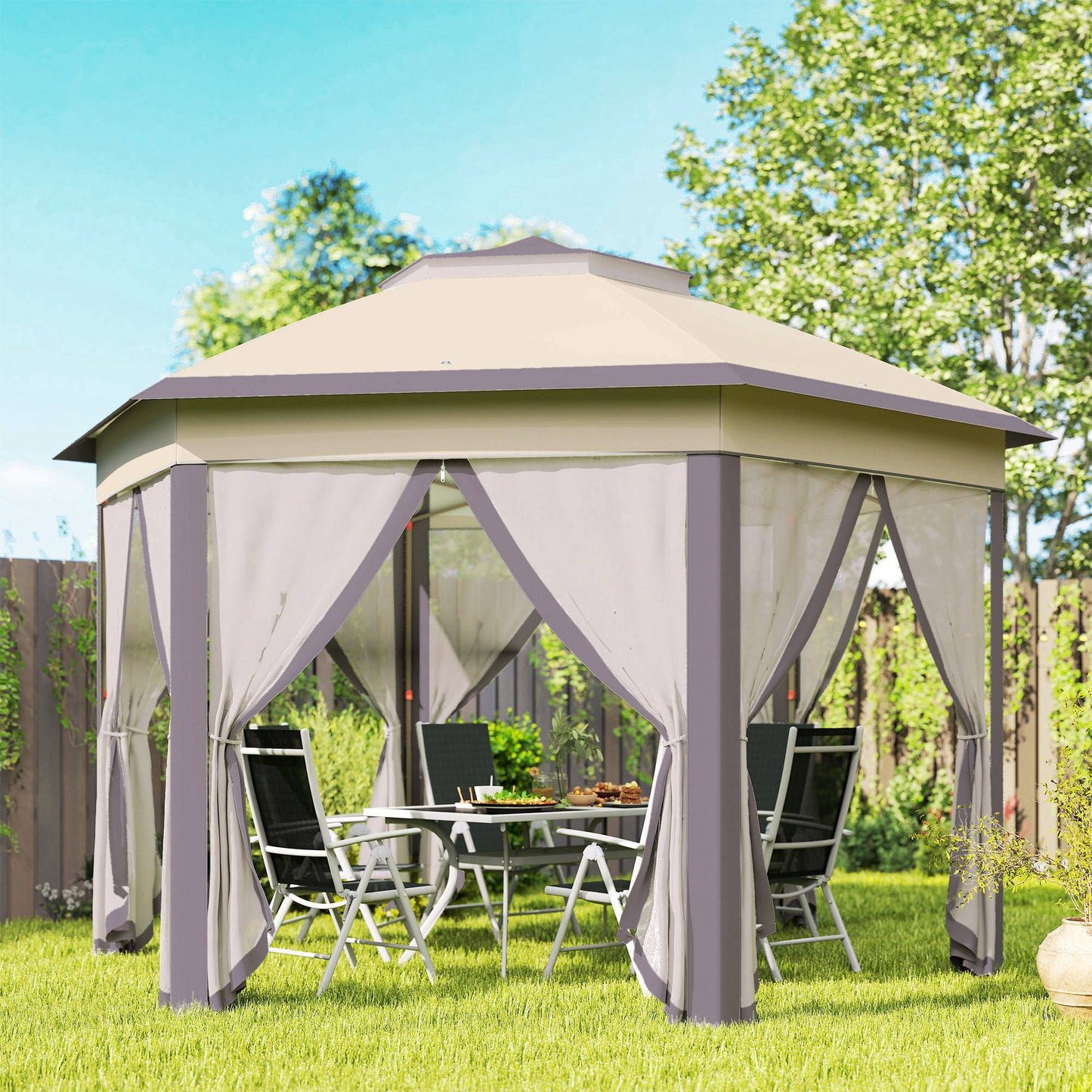 Outsunny Carpa Plegable 4x3,4 M Con Doble Techo 6 Mosquiteras Anti-uv Marrón_1