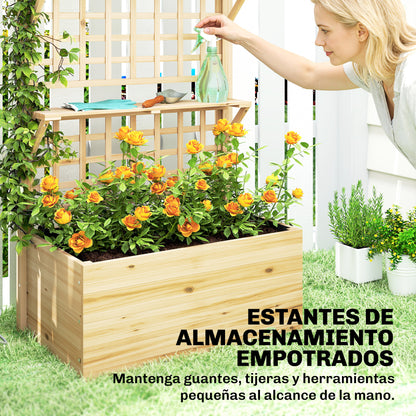 Outsunny Jardinera Con Enrejado Y Techo De Madera Con 2 Estantes Natural_5
