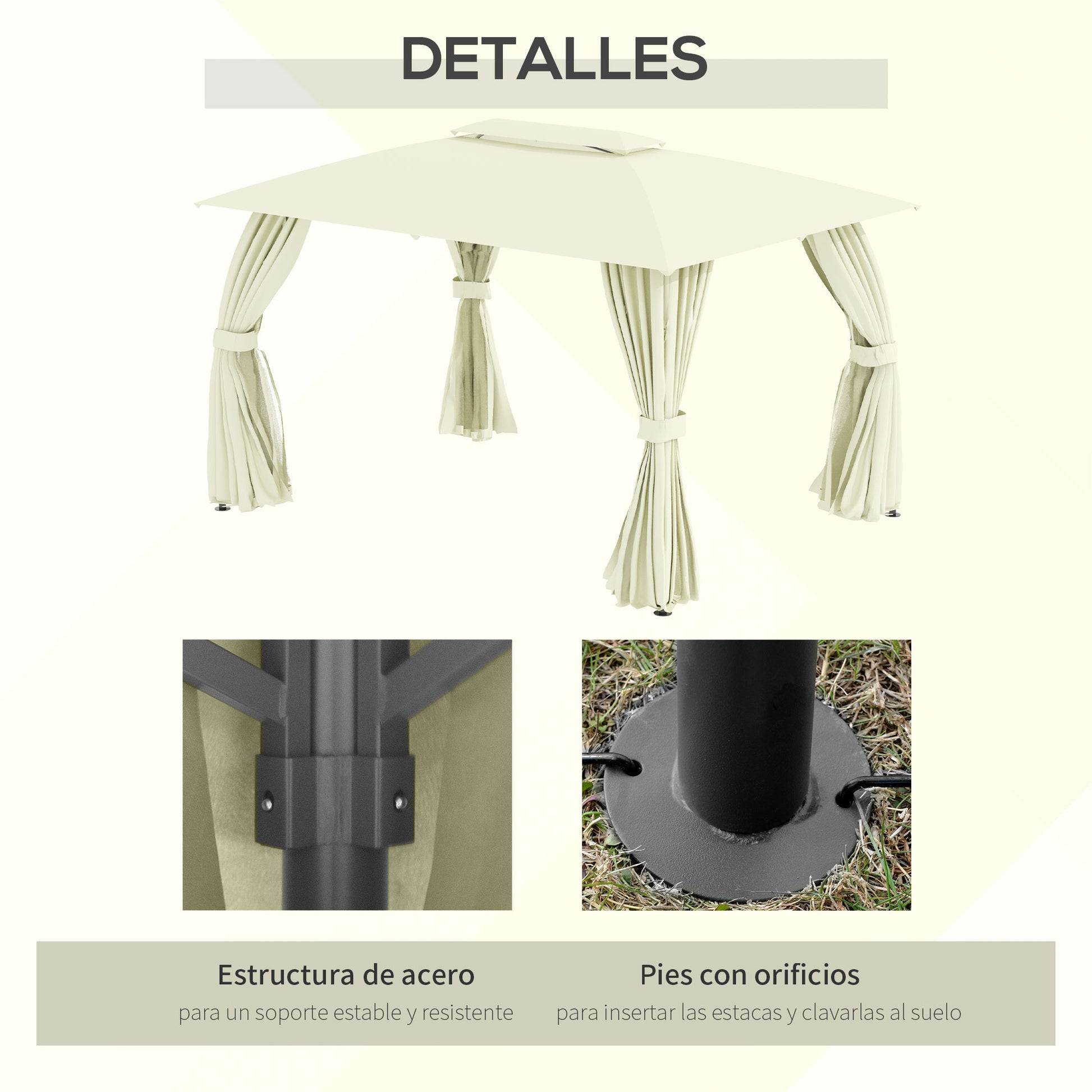 Outsunny Cenador De Jardín 4x3m Con Doble Techo 4 Cortinas Y 4 Mosquiteras Crema_5