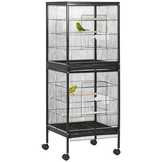 Pawhut Jaula Para Pájaros De 2 Niveles Con Ruedas Bandejas Extraíbles Negro_0