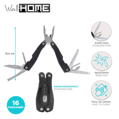 Well Home Alicates Multi Herramientas Con 16 Funciones En Acero Inoxidable Con Mango Negro 15,5cm_1