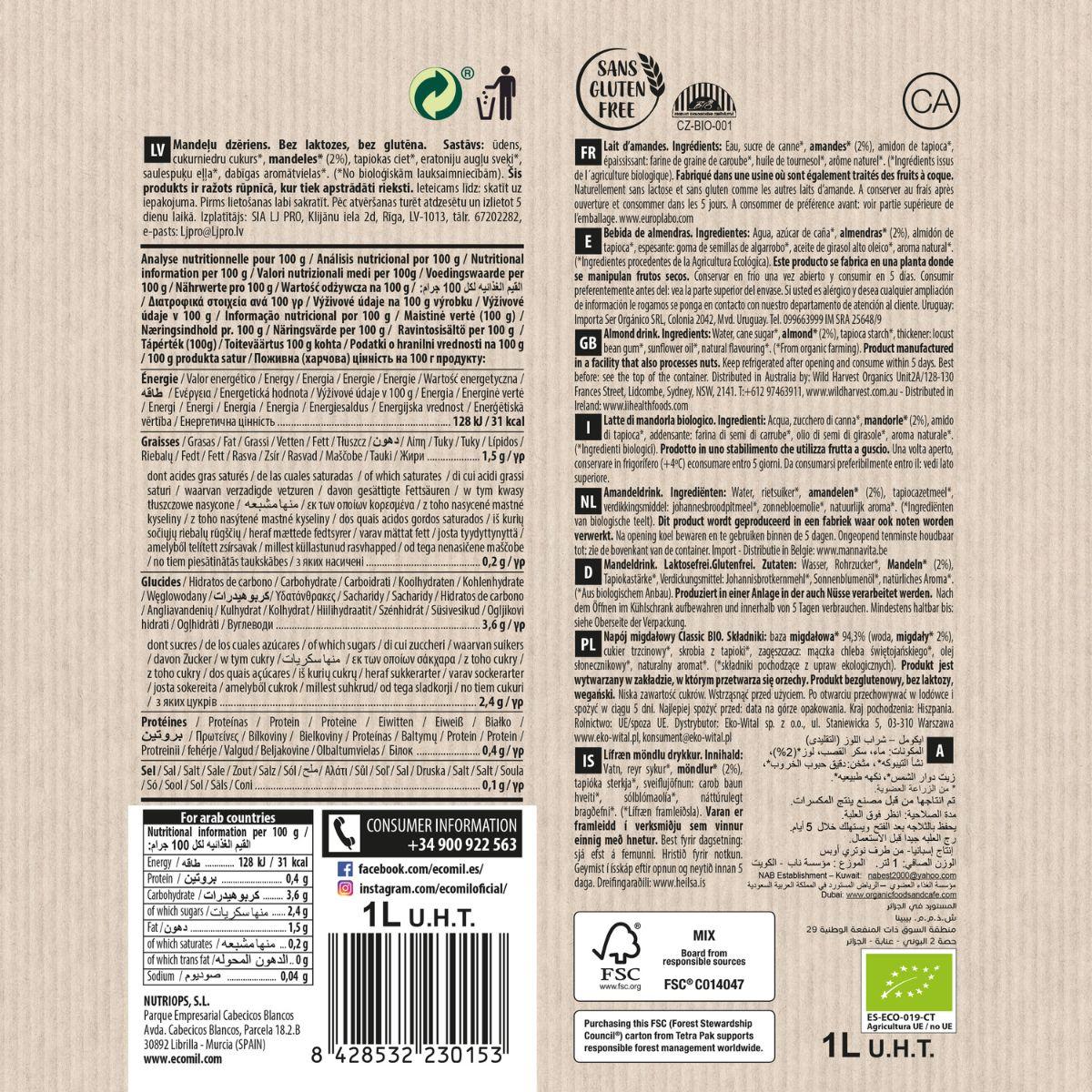 Bebida vegetal de Almendra classic bio Ecomil 1 L
