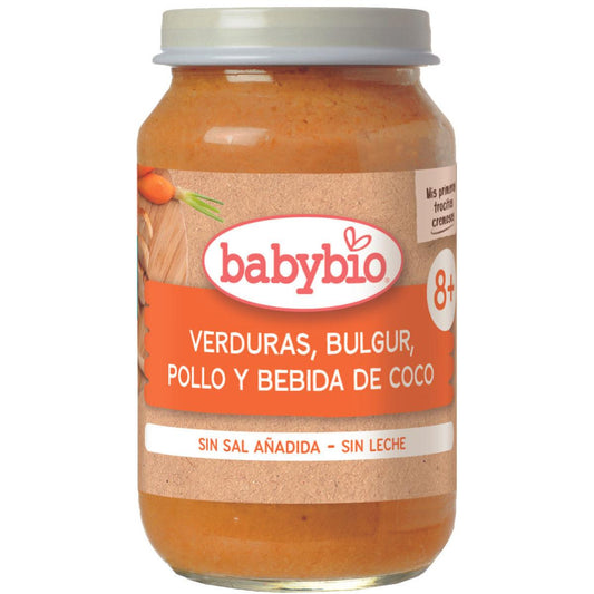 Tarrito de trocitos de Verduras, Bulgur, Pollo y Bebida de coco Babybio 200 g