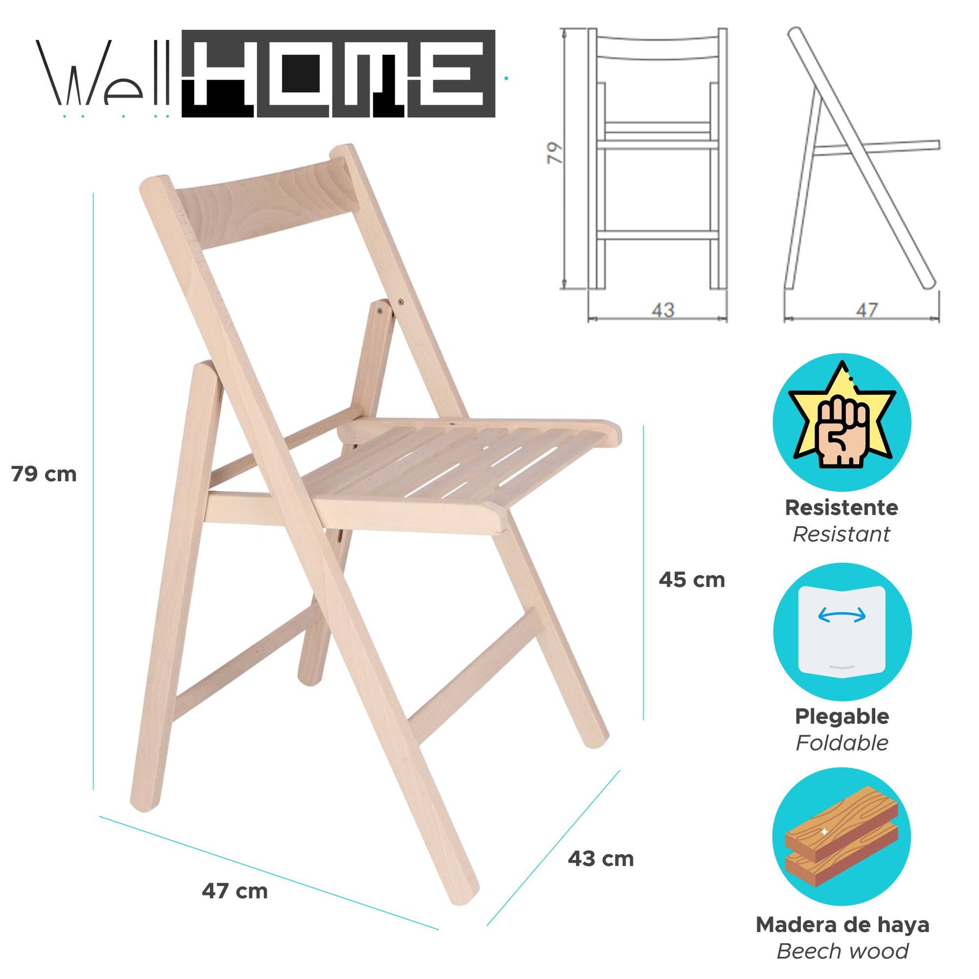 Well Home Mobiliario & Decoración - Pack 4 Sillas Bas En Madera De Haya, Acabado Sin Barniz