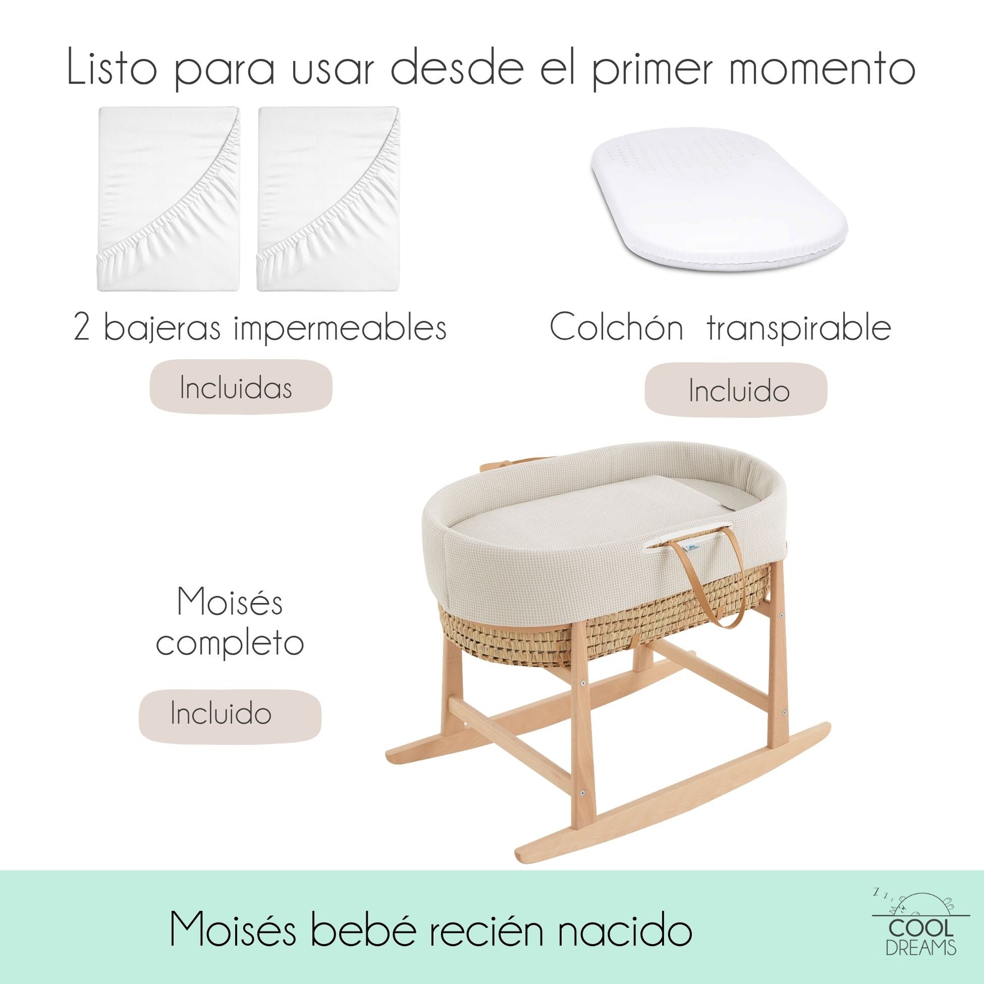 Moisés Completo Para Bebé (vestidura De Algodón Gofre Renard + Colchón + Estructura Balancín + 2 Bajeras Impermeables)_4