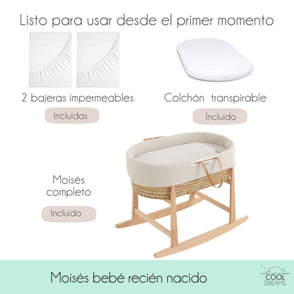 Moisés Completo Para Bebé (vestidura De Algodón Gofre Renard + Colchón + Estructura Balancín + 2 Bajeras Impermeables)_4