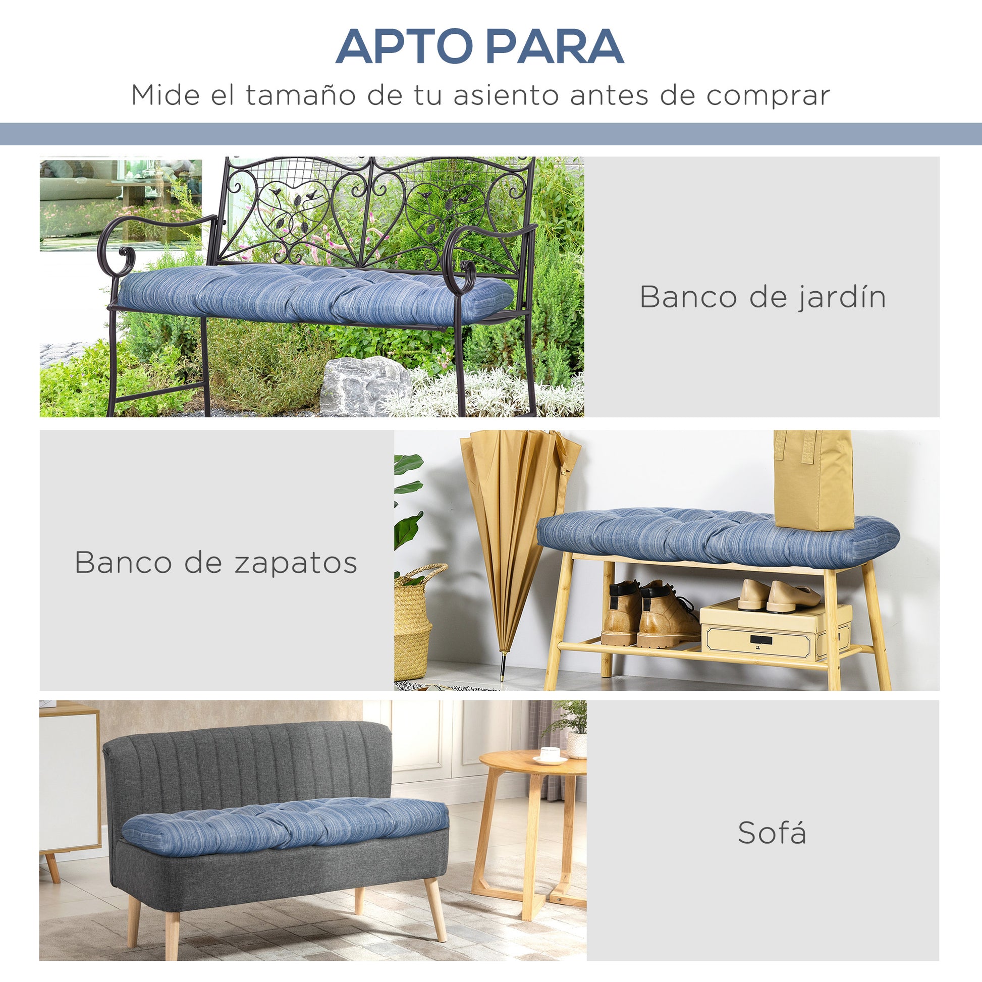 Outsunny Cojín Para Banco De 2 Plazas 110x48x8cm Para Interiores Exteriores Azul_5