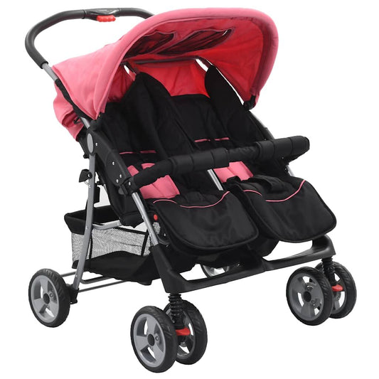 Vidaxl Silla De Paseo Para Gemelos De Acero Rosa Y Negro_0