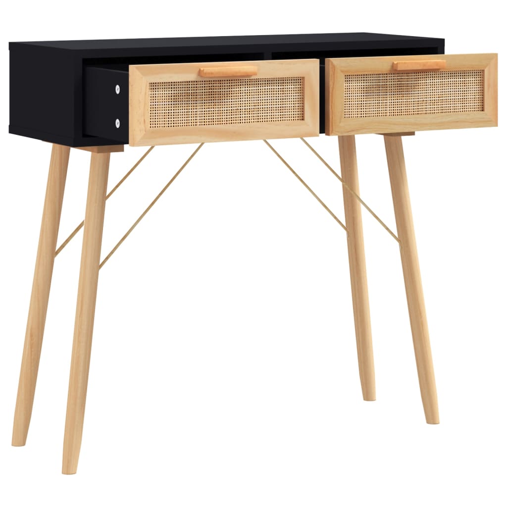 Mesa Consola Madera Pino Maciza Ratán Natural Negro 80x30x75 Cm_1