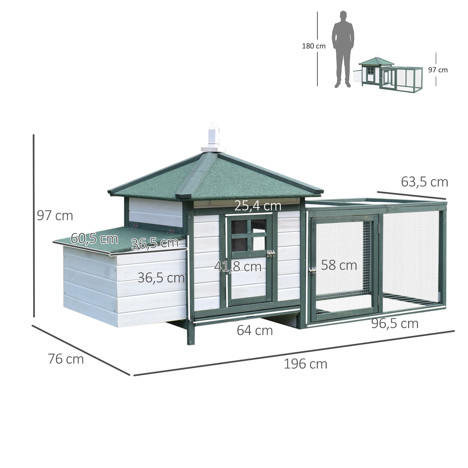 Pawhut Gallinero De Madera Con Caja Nido Espacio Para Correr 196x76x97cm Verde_2
