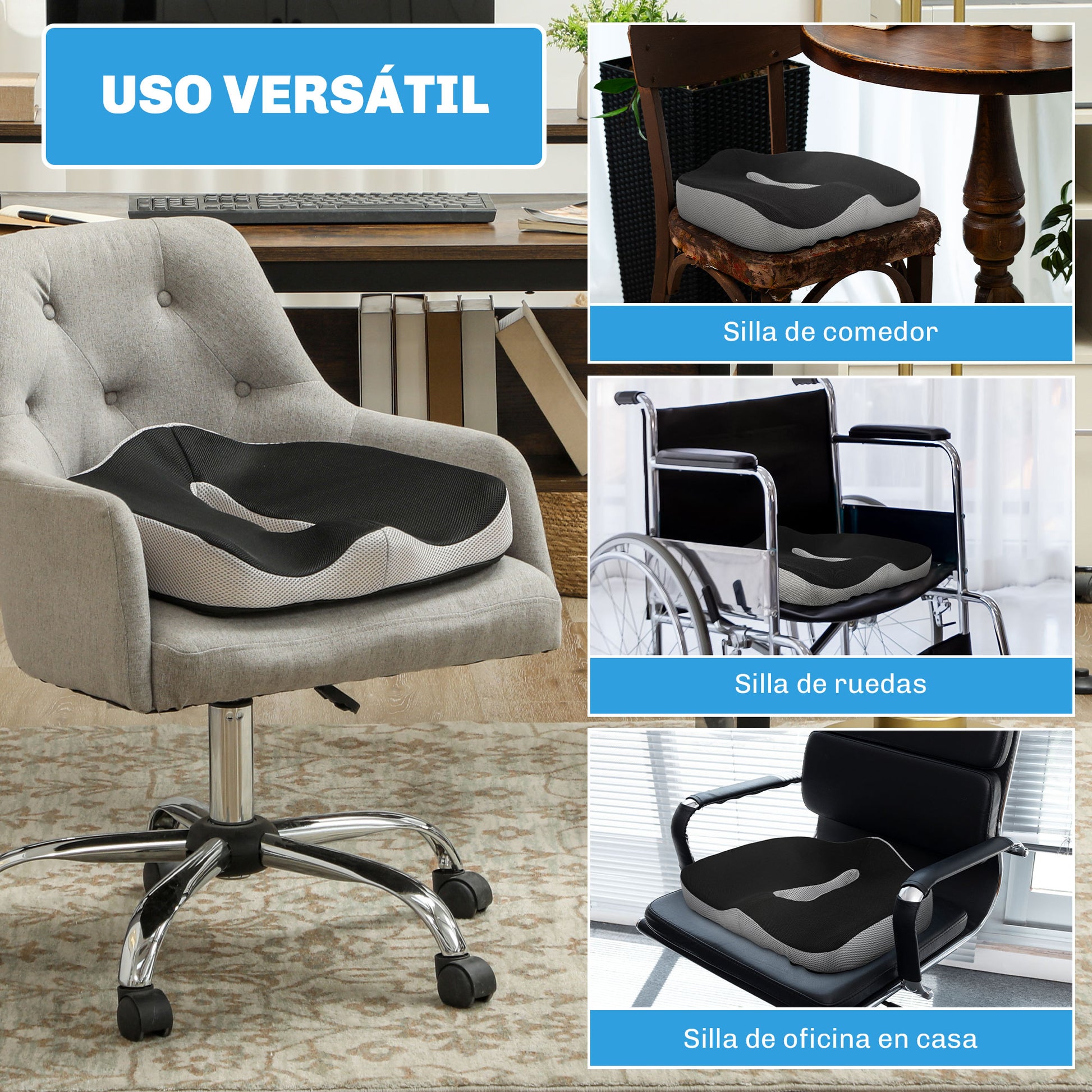 Homcom Cojín De Asiento De Espuma Viscoelástica Con Base Antideslizante Negro_3